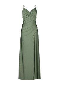 Zielona, długa sukienka wykonana z teksturowanej tkaniny. Posiada cienkie, regulowane ramiączka, marszczony gorset oraz rozcięcie z boku, co ułatwia poruszanie się.
