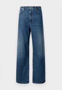 Wide-leg jeans in medium blue denim. High-waisted with front pockets and a zip-fly. Smooth texture with subtle fading and stitching details.