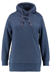 Felpa con cappuccio blu scuro in materiale morbido con collo alto, cuciture diagonali e cordoncini decorativi. Presenta polsini e orlo a costine.