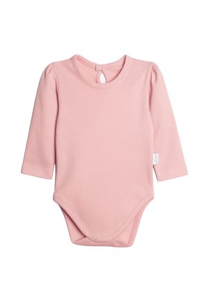 Miękki różowy niemowlęcy body z długim rękawem, z zapięciami zatrzaskowymi u dołu oraz otworem z guzikiem z tyłu przy dekolcie.