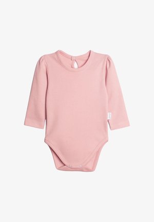 Miękki różowy niemowlęcy body z długim rękawem, z zapięciami zatrzaskowymi u dołu oraz otworem z guzikiem z tyłu przy dekolcie.