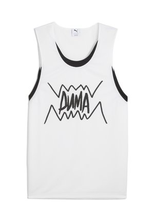 Hvid ærmeløs tanktop med sorte detaljer, der har et dristigt sort "PUMA"-grafik henover midten med et zigzag-design.