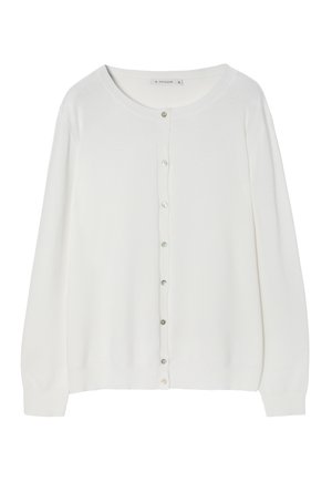 Cardigan bianco realizzato in tessuto morbido, con scollatura tonda, maniche lunghe e chiusura a bottoni con bottoni a contrasto lungo il davanti.
