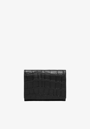 Black wallet in embossed crocodile leather, featuring a smooth surface, rectangular shape, and subtle branding on the front.