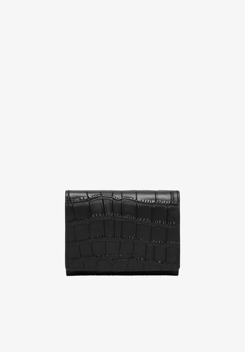 Schwarze Brieftasche aus geprägtem Krokoleder, mit glatter Oberfläche, rechteckiger Form und dezentem Branding auf der Vorderseite.