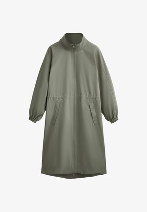 Light green, long-sleeve jacket with a high collar, front zipper, and side pockets. Features elastic cuffs and a gathered waist for shape.