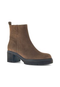 Brown suede ankle boot with a rounded toe, block heel, and pull tab. Smooth texture and minimal stitching detail. Black rubber sole.