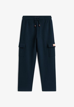 Pantalons cargo bleu marine en tissu texturé, avec une taille élastique, un cordon de serrage ajustable et des poches latérales.