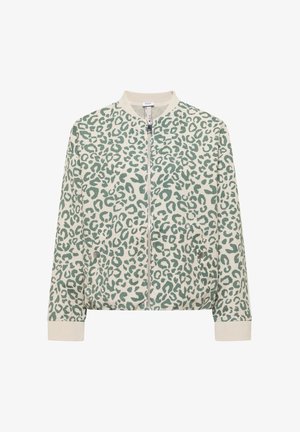 Jasnobeżowa kurtka bomber z zielonym wzorem w panterkę, z przodu zamek błyskawiczny, ukołnierz i mankiety ściągane ściągaczami oraz dwie kieszenie z przodu na zatrzaski.