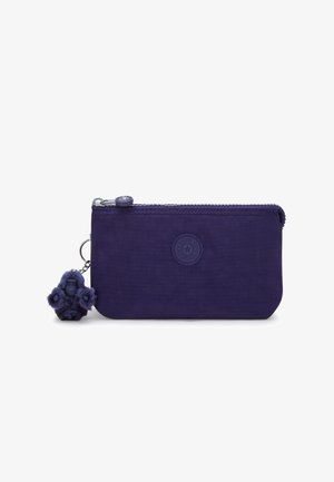 Small rectangular purple zippered pouch with round logo on front and a plush monkey keychain attached to the zipper.