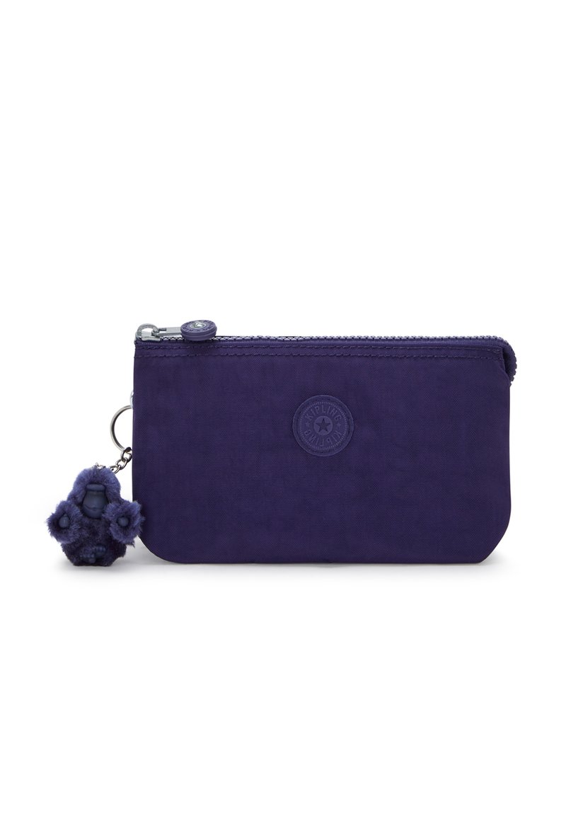 Small rectangular purple zippered pouch with round logo on front and a plush monkey keychain attached to the zipper.
