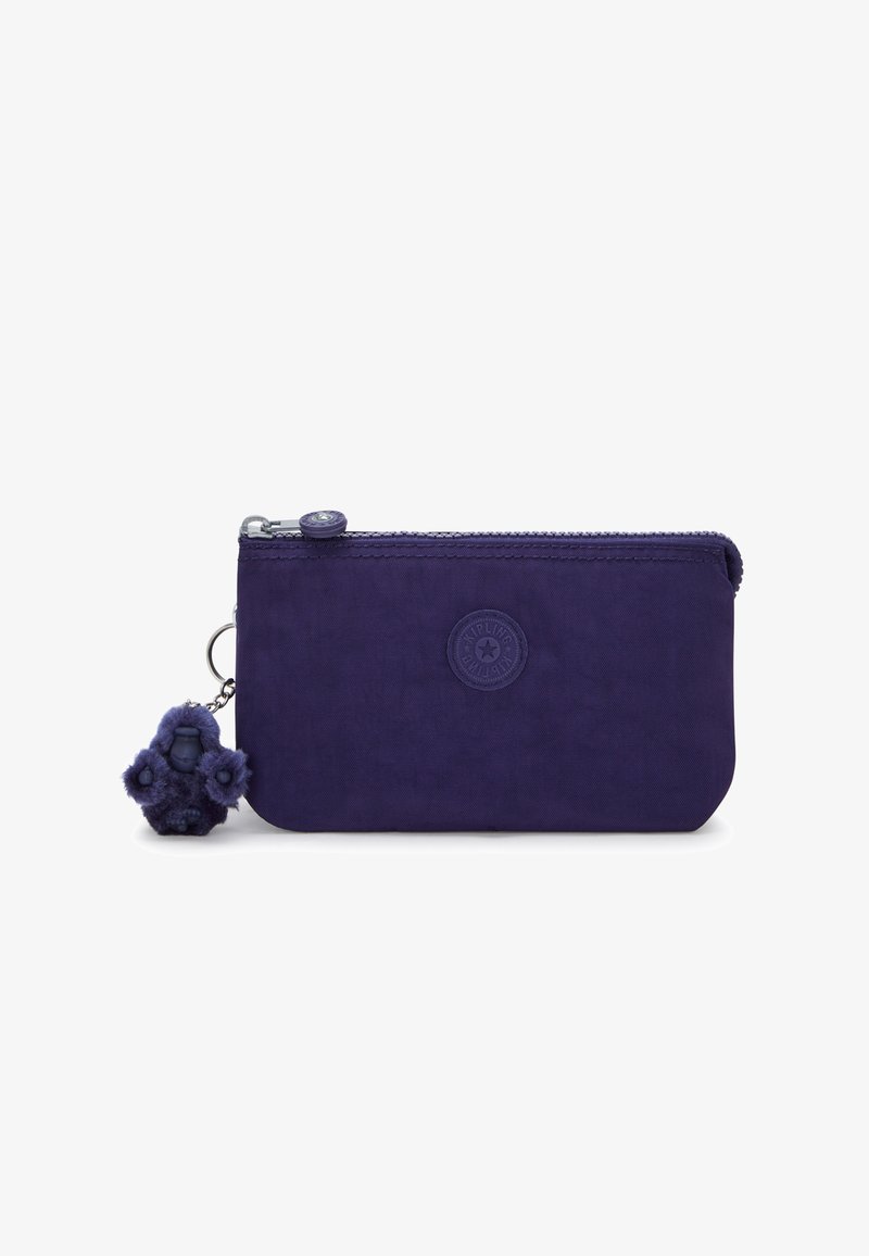 Small rectangular purple zippered pouch with round logo on front and a plush monkey keychain attached to the zipper.