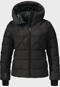 Schwarze Daunenjacke mit rautenförmigem Steppdesign, Kapuze, Frontreißverschluss und elastischen Bündchen. Mit einem Logo auf der linken Brust und am Ärmel.