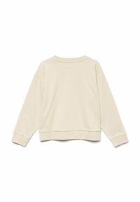 Ljusbeige tröja, mjukt material, rundad halsringning, sänkta axelsömmar, långa ärmar, ribbade mudd och nederdel, avslappnad passform.