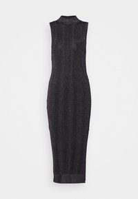 Abito in maglia senza maniche di colore grigio scuro con scollatura alta, caratterizzato da una texture a costine e una silhouette aderente che arriva a metà polpaccio.