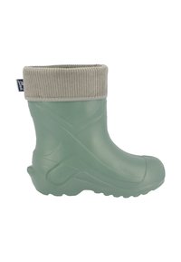 Botte en caoutchouc verte avec un col côtelé beige. Présente une surface texturée et un bout rond. Design flexible adapté aux conditions humides.