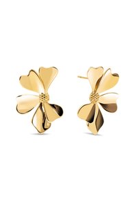 Orecchini a forma di fiore in oro con petali a forma di cuore e dettagli centrali testurizzati. La finitura liscia e lucida ne esalta la visibilità e l'attrattiva.