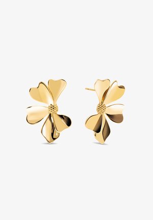 Pendientes de oro en forma de flor con diseños de pétalos en forma de corazón y acentos centrales texturizados. El acabado suave y brillante realza la visibilidad y el atractivo.