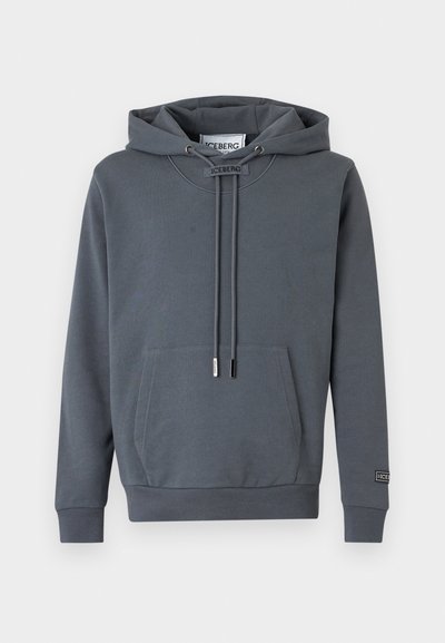 Sweat à capuche gris foncé avec poche kangourou sur le devant, cordons réglables et étiquette "ICEBERG" sur le col et la manche.