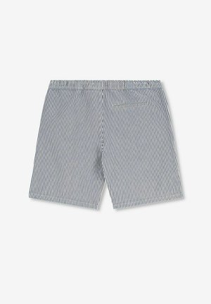 Blauwe en witte gestreepte shorts met een elastische tailleband, een enkele achterzak en een rechte zoom. Gemaakt van lichtgewicht stof.