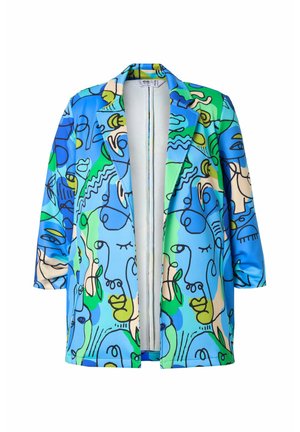Blazer colorato con una combinazione di design astratti blu, verde e beige raffiguranti volti, realizzato in un tessuto liscio e con un design aperto.