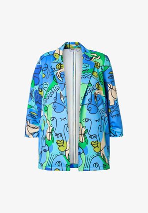 Blazer colorido con una mezcla de diseños abstractos en azul, verde y beige que representan rostros, con una tela suave y un diseño de frente abierto.