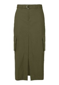 Gonna cargo verde oliva con uno spacco anteriore, vita con cintura e due tasche laterali. Realizzata in tessuto testurizzato, presenta un design pulito e sartoriale.