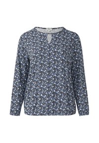 Langärmlige Bluse mit V-Ausschnitt, ausgestattet mit einem blau-schwarzen abstrakten Muster. Hergestellt aus weichem Stoff mit einer leicht strukturierten Oberfläche.