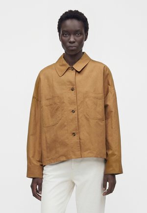 Personne aux cheveux courts et bouclés portant une chemise marron boutonnée avec de grandes poches avant et un pantalon blanc, debout devant un fond uni.