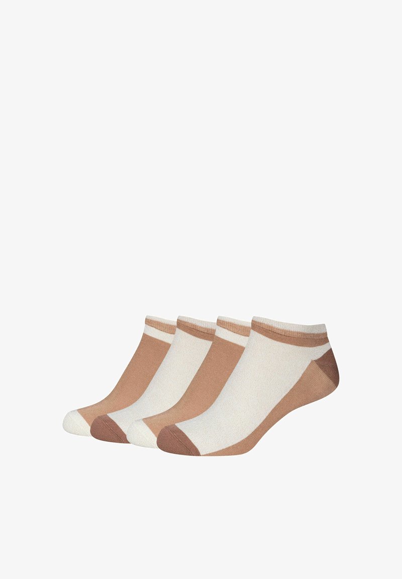 Quattro paia di calzini alla caviglia a taglio basso in colori beige e bianco alternati con dettagli marroni su punta e tallone, disposti uno accanto all'altro.