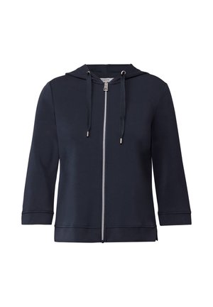 Navy zip-up hoodie with a drawstring hood, three-quarter sleeves, and soft fabric. Features metal hardware and a minimalist design.
