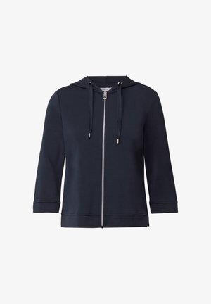 Námořnická mikina na zip s kapucí na šňůrku, tříčtvrtečními rukávy a měkkou tkaninou. Obsahuje kovové detaily a minimalistický design.