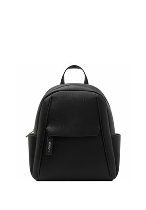 Black faux leather backpack with a rounded shape, front pocket, top handle, and textured surface. Features a sleek zipper and subtle branding.