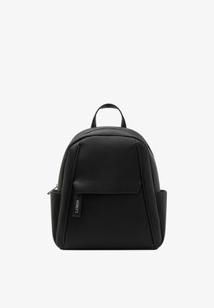 Black faux leather backpack with a rounded shape, front pocket, top handle, and textured surface. Features a sleek zipper and subtle branding.