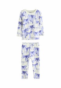 Long-sleeve top and leggings set in cream with a purple bow pattern. Soft fabric, elastic waistband, and scalloped edges on the top.