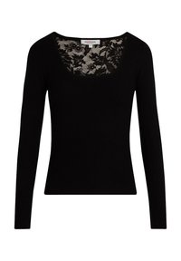 Haut noir à manches longues côtelé avec un décolleté carré et un panneau en dentelle au niveau du col. Design ajusté et tissu texturé tout au long.