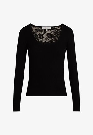 Haut noir à manches longues côtelé avec un décolleté carré et un panneau en dentelle au niveau du col. Design ajusté et tissu texturé tout au long.