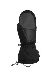 Black mitten featuring a textured leather palm, soft fabric top, elastic cuff, and adjustable drawstring for a secure fit.