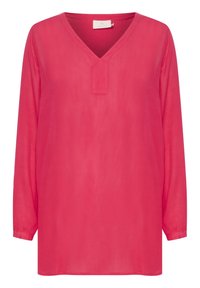 Blusa rosa a maniche lunghe con scollatura a V, dotata di un colletto parzialmente chiuso. Realizzata in un tessuto leggero e trasparente con una texture liscia.