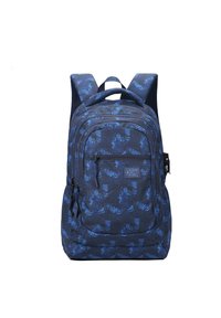 Zaino blu a motivo con molteplici scomparti con zip, spallacci imbottiti e un manico ad anello per il trasporto.