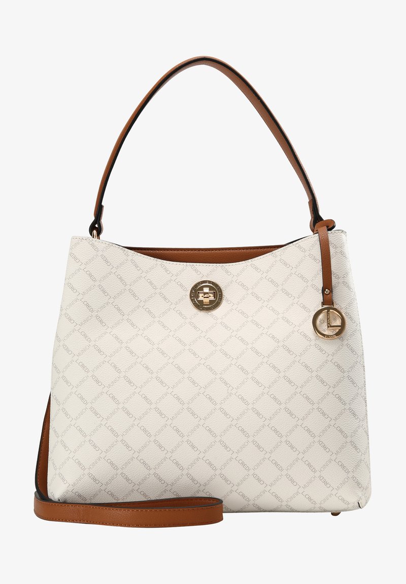 White textured tote bag featuring a repeating logo pattern, brown leather accents, and a gold-tone circular hardware detail.