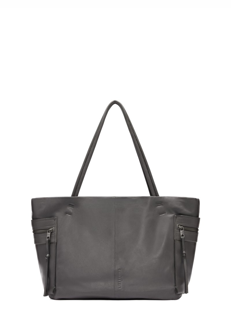 Borsa tote in pelle grigia con due manici robusti, tasche laterali con zip, una texture liscia e un design minimalista. Fondo piatto per stabilità.