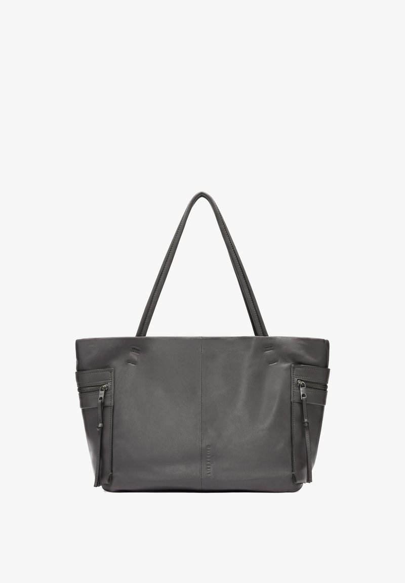 Graue Leder-Tote-Bag mit zwei stabilen Griffen, seitlichen Reißverschlusstaschen, glatter Textur und minimalistischem Design. Flacher Boden für Stabilität.