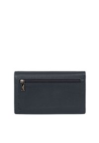 Donkerblauwe leren portemonnee met een voorzak met rits, een gestructureerd oppervlak en een schoon, minimalistisch ontwerp met stiksels.