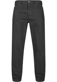 Pantalones vaqueros de mezclilla negra con un diseño clásico de pierna recta. Cuenta con cinco bolsillos, cierre de botón y costuras a tono. Textura suave sin patrones.