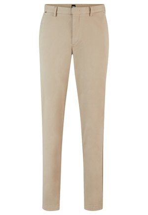 Beige chinos made from cotton blend fabric, featuring a slim fit, side pockets, and a straight leg design. No visible patterns or accents.