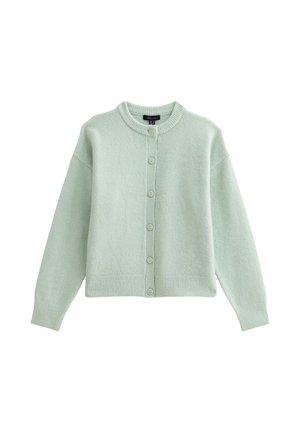 Cardigan in lana di un verde chiaro con bottoni, collo a girocollo rigato, polsini e orlo, esposto piatto su uno sfondo bianco.