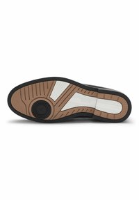 Black and brown sneaker sole with textured rubber, featuring a white central section, circular accent, and grip-enhancing patterns.