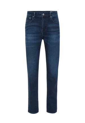 Jeans din denim albastru închis, cu un design drept, stil cu cinci buzunare și închidere cu buton și fermoar. Textură netedă, element de bază clasic în garderobă.
