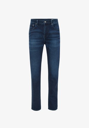 Dunkelblaue Jeans aus Denim mit geradem Bein, Fünf-Taschen-Stil und einem Knopf- sowie Reißverschluss. Glatte Textur, klassisches Kleidungsstück für die Grundausstattung.